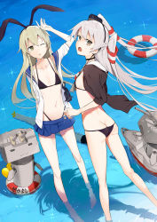 Rule 34 | 2girls, amatsukaze (kancolle), bikini, black bikini, black hairband, black jacket, blonde hair, blue sailor collar, blue skirt, butt crack, flat chest, from behind, grey eyes, hair tubes, hairband, highleg, highleg bikini, highleg swimsuit, highres, jacket, kantai collection, lifebuoy, long hair, looking at viewer, looking back, microskirt, miniskirt, multiple girls, muteki soda, ocean, one eye closed, open clothes, open mouth, pleated skirt, rensouhou-chan, sailor collar, shimakaze (kancolle), silver hair, skirt, soaking feet, sparkle, standing, swim ring, swimsuit, torpedo, twisted torso, two side up, wading, water, white jacket