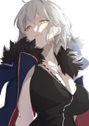 Rule 34 | 1girl, ahoge, alternate costume, breasts, cleavage, cowboy shot, fate/grand order, fate (series), feet out of frame, female focus, hair between eyes, jacket, jacket on shoulders, jeanne d&#039;arc alter (avenger) (fate), jeanne d&#039;arc alter (fate), jewelry, large breasts, lipgloss, looking at viewer, looking down, necklace, pale skin, ri o ne su, shadow, short hair, simple background, solo, white background, white hair, yellow eyes