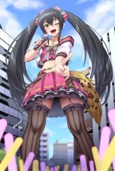 Rule 34 | 1girl, belt, black hair, black thighhighs, blush, bow, brown eyes, building, camisole, city, commission, crop top, dated, from below, garter straps, giant, giantess, glowstick, hair bow, highres, idolmaster, idolmaster cinderella girls, jacket, jewelry, long hair, matoba risa, midriff, navel, necklace, one eye closed, open clothes, open jacket, open mouth, pink camisole, pink skirt, pleated skirt, pointing, pointing at viewer, signature, skeb commission, skirt, smile, solo, standing, striped clothes, striped thighhighs, thighhighs, twintails, vertical-striped clothes, vertical-striped thighhighs, white jacket, yoohi