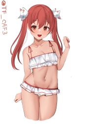 Rule 34 | 1girl, bikini, bikini skirt, breasts, cropped legs, groin, kantai collection, libeccio (kancolle), long hair, navel, official alternate costume, red eyes, simple background, skirt, small breasts, solo, standing, swimsuit, tf cafe, thigh gap, twintails, twitter username, white background, white skirt