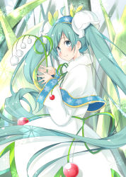 Rule 34 | 1girl, aqua eyes, aqua hair, bad id, bad pixiv id, blush, capelet, chm (macharge), flower, hatsune miku, lily of the valley, long hair, looking at viewer, smile, snowflake print, solo, twintails, very long hair, vocaloid, yuki miku