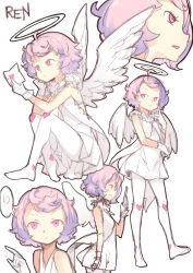 Rule 34 | !?, 1girl, ahoge, angel, angel wings, bare arms, bare shoulders, blvefo9, character name, commentary request, dress, envelope, feathered wings, gloves, halo, heart, highres, holding, holding envelope, letter, looking at viewer, looking away, love letter, multiple views, no shoes, original, pantyhose, parted lips, pink eyes, pink hair, short hair, simple background, sitting, sketch, sleeveless, sleeveless dress, spoken interrobang, standing, white background, white dress, white gloves, white pantyhose, white wings, wings