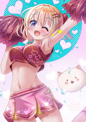 Rule 34 | 1girl, 2023, ;d, alternate costume, alternate hairstyle, aqua background, arm up, blush, cheerleader, clothes writing, commentary request, cowboy shot, dated, gochuumon wa usagi desu ka?, hair between eyes, hair ornament, hair ribbon, hairclip, hand up, happy, heart, heart print, highres, holding, holding pom poms, hoto cocoa, looking at viewer, medium hair, midriff, miniskirt, navel, one eye closed, open mouth, orange hair, outstretched arm, pink background, pink skirt, pom pom (cheerleading), pom poms, ponytail, purple eyes, red ribbon, ribbon, rouge (my rouge), short ponytail, signature, simple background, skirt, smile, solo, sports bra, star (symbol), stomach, sweat, tippy (gochiusa), twitter username, two-tone background, water drop