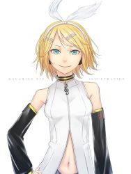 Rule 34 | 1girl, blonde hair, blue eyes, bow, character name, detached sleeves, dress, english text, hair bow, hair ornament, hairpin, hand on own hip, highres, kagamine rin, looking at viewer, navel, short hair, simple background, smile, solo, standing, sugi 214, upper body, vocaloid, white background, white dress