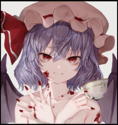 Rule 34 | 1girl, bat wings, blood, blood on face, blood on hands, bow, closed mouth, collarbone, commentary, commentary request, cup, fingernails, hair between eyes, happiness lilys, hat, hat bow, hat ribbon, holding, holding cup, looking at viewer, mob cap, nail polish, nude, pink hat, purple hair, red bow, red eyes, red nails, red ribbon, remilia scarlet, ribbon, sharp fingernails, short hair, simple background, slit pupils, smile, solo, symbol-only commentary, teacup, touhou, upper body, white background, wings, x arms