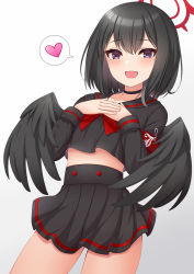 Rule 34 | 1girl, :d, armband, black hair, black wings, blue archive, choker, commentary request, feathered wings, hair between eyes, halo, hands on own chest, heart, highres, long sleeves, looking at viewer, mashiro (blue archive), midriff, open mouth, pleated skirt, purple eyes, school uniform, serafuku, short hair, sidelocks, simple background, skirt, smile, solo, spoken heart, white background, winged halo, wings, yoiyami mutsuki