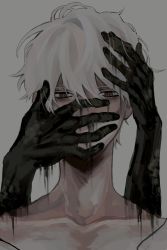 Rule 34 | 1boy, black eyes, collarbone, covering another&#039;s mouth, dripping, fingernails, grey background, hair between eyes, hand on another&#039;s head, hand over another&#039;s mouth, highres, male focus, original, painterly, red pupils, shadow, simple background, solo, sriokorr, upper body, white hair