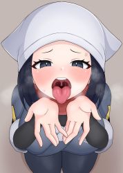 Rule 34 | 1girl, akari (pokemon), blush, creatures (company), cupping hands, embarrassed, game freak, grey eyes, highres, nintendo, open mouth, oral invitation, own hands together, pokemon, pokemon legends: arceus, short hair, solo, steam, toned, tongue, tongue out, uvula, waiting for cum