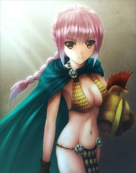 Rule 34 | 1girl, absurdres, armor, bikini armor, braid, breasts, brown eyes, cape, cleavage, cowboy shot, dressrosa, gladiator, gloves, helmet, highres, large breasts, long hair, multi-tied hair, navel, one piece, pelvic curtain, pink hair, ponytail, rebecca (one piece), sawwei005, scale armor, solo
