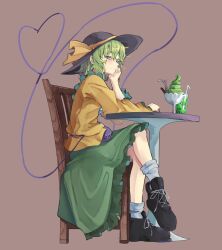 Rule 34 | 1girl, black footwear, black hair, blue eyes, chair, closed mouth, crossed legs, cup, drink, drinking glass, drinking straw, food, frilled shirt, frills, full body, green hair, green skirt, hand up, hashtag-only commentary, hat, hat ribbon, heart, heart of string, ice cream, kanaria (bocmn), komeiji koishi, long sleeves, looking at viewer, on chair, ribbon, shirt, shoes, sideways glance, sitting, skirt, solo, table, touhou, yellow ribbon, yellow shirt