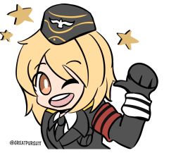 Rule 34 | 1girl, ;d, armband, black gloves, black hat, black jacket, black necktie, blonde hair, collared shirt, commentary, cropped torso, garrison cap, girls&#039; frontline, gloves, great pursuit (greatpursu1t), hand up, happy, hat, jacket, long sleeves, looking at viewer, luluco, military, military uniform, mp40 (girls&#039; frontline), necktie, one eye closed, open mouth, self-upload, shirt, short hair, simple background, smile, soldier, solo, star (symbol), teeth, thumbs up, twitter username, uchuu patrol luluco, uniform, upper body, upper teeth only, white background, white shirt