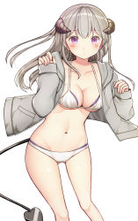 Rule 34 | 1girl, bad id, bad pixiv id, bikini, bikini under clothes, blush, breasts, cleavage, closed mouth, collarbone, commentary request, curled horns, demon girl, demon horns, demon tail, grey hair, grey jacket, hair between eyes, hands up, hood, hood down, hooded jacket, horns, jacket, kurata rine, layered bikini, long hair, long sleeves, looking at viewer, medium breasts, navel, open clothes, open jacket, original, purple eyes, simple background, sleeves past wrists, solo, swimsuit, tail, white background, white bikini