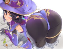 Rule 34 | 1girl, all fours, ass, ass focus, bent over, black pantyhose, blush, breasts, cameltoe, cape, come hither, detached sleeves, embarrassed, from behind, genshin impact, gloves, green eyes, hair between eyes, hair ornament, hat, huge ass, leaning, leaning forward, leotard, long hair, looking at viewer, looking back, mamedenkyuu (berun), medium breasts, mona (genshin impact), open mouth, pantyhose, shiny clothes, shiny skin, sideboob, smile, solo, thighlet, twintails, very long hair, water
