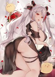 Rule 34 | 1girl, alternate costume, antenna hair, ass, azur lane, bare shoulders, black dress, black panties, blush, bow, breasts, brown eyes, covered erect nipples, dress, from behind, hair between eyes, hand to own mouth, kneeling, large breasts, long hair, looking at viewer, looking back, manjuu (azur lane), mole, mole on breast, multicolored hair, open mouth, panties, pantyshot, prinz eugen (azur lane), prinz eugen (cordial cornflower) (azur lane), red hair, shiny skin, silver hair, solo, streaked hair, thigh strap, thighhighs, thighs, tongue, tongue out, two side up, underwear, very long hair, vhumiku