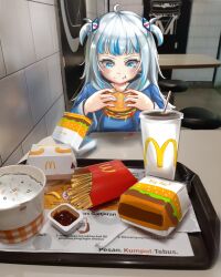Rule 34 | 1girl,  text, absurdres, akrx78 2, blue eyes, blue hair, blunt bangs, commentary, cup, disposable cup, drinking straw, eating, english commentary, food, food on face, french fries, gawr gura, grey hair, hair ornament, highres, hololive, hololive english, indoors, malay text, mcdonald&#039;s, medium hair, multicolored hair, photo background, pov, restaurant, shark hair ornament, sitting, spilling, stool, streaked hair, table, tray, two side up, upper body, virtual youtuber