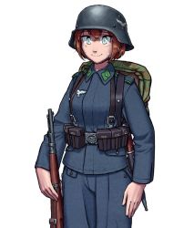 Rule 34 | 1girl, ammunition pouch, backpack, bag, bayonet, belt pouch, blue eyes, blue jacket, blue pants, bolt action, brown hair, camouflage bag, collared jacket, combat helmet, commentary, english commentary, flying sweatdrops, gun, gun sling, hair between eyes, helmet, jacket, mauser 98, medium hair, military, military jacket, military uniform, nervous smile, original, ostwindprojekt, pants, pouch, rifle, smile, solo, stahlhelm, sweat, uniform, weapon