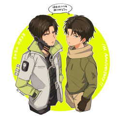 Rule 34 | 2boys, :o, animification, anniversary, apex legends, black eyes, black gloves, black hair, black shirt, black vest, character request, crossover, crypto (apex legends), dated, from above, gloves, green eyes, green sleeves, green sweater, grey jacket, hands in pockets, highres, jacket, male focus, multiple boys, open mouth, parted hair, sanpaku, shirt, speech bubble, stack (sack b7), sweater, vest