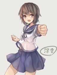 Rule 34 | &gt;:d, 10s, 1girl, :d, armpit peek, bad id, bad pixiv id, brown eyes, brown hair, clenched hands, hachita (odangoya), kantai collection, looking at viewer, miyuki (kancolle), open mouth, pleated skirt, school uniform, serafuku, short hair, skirt, smile, solo, translation request, v-shaped eyebrows