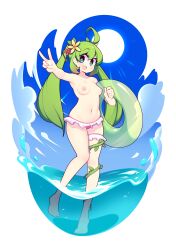 Rule 34 | 1girl, :d, absurdres, ahoge, bare arms, bare shoulders, barefoot, bikini, bikini bottom only, blue eyes, blue sky, breasts, cloud, commentary, commission, english commentary, fizintine, flower, frilled bikini, frills, full body, green hair, groin, hair between eyes, hair flower, hair ornament, highres, innertube, long hair, looking at viewer, medium breasts, navel, nipples, open mouth, original, partially underwater shot, sky, smile, solo, stomach, sun, swim ring, swimsuit, twintails, v, wading, water