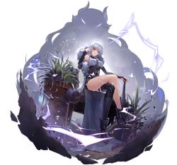 Rule 34 | 1girl, asymmetrical legwear, bai yuekui (tower of fantasy), boots, closed mouth, crossed legs, frown, full body, fur trim, game cg, long hair, looking at viewer, looking down, messy hair, official art, plant, sitting, solo, thighhighs, third-party source, tower of fantasy, transparent background, white hair