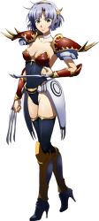 Rule 34 | 1girl, aqua eyes, armor, armored boots, black leotard, black thighhighs, boots, brenda (langrisser), brown hairband, choker, claw (weapon), closed mouth, collarbone, faulds, full body, hairband, high heel boots, high heels, highleg, highleg leotard, highres, langrisser, langrisser ii, leotard, looking at viewer, official art, sherry (langrisser), short hair, shoulder armor, silver hair, smile, solo, standing, strapless, strapless leotard, thighhighs, transparent background, weapon, white choker