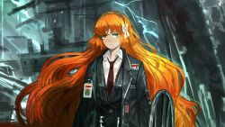 Rule 34 | 1girl, belt, black belt, black jacket, black vest, bow, brown hairband, closed mouth, collared shirt, freckles, game cg, green eyes, hair bow, hairband, highres, holding, holding shield, id card, ishmael (project moon), jacket, lapels, limbus company, long hair, looking at viewer, nai ga, necktie, notched lapels, official art, open clothes, open jacket, orange hair, project moon, red necktie, shield, shirt, solo, standing, very long hair, vest, white bow, white shirt, wing collar