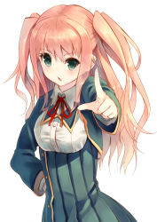 Rule 34 | 10s, 1girl, green eyes, koi to senkyo to chocolate, long hair, parsley-f, pink hair, pointing, ribbon, school uniform, simple background, solo, sumiyoshi chisato, two side up