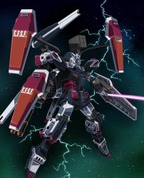 Rule 34 | artist request, beam saber, directed-energy weapon, electricity, energy, energy cannon, energy sword, energy weapon, full armor gundam, gundam, gundam thunderbolt, highres, lightning, mecha, no humans, robot, shield, space, sword, v-fin, weapon