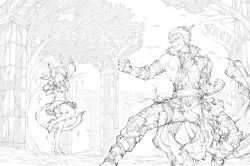 Rule 34 | 1boy, 1girl, absurdres, animal ears, armor, warrior of light (ff14), boots, cat ears, cat tail, cheering, child, commentary, commission, english commentary, facial mark, falling leaves, final fantasy, final fantasy xiv, g studio, greyscale, highres, leaf, miqo&#039;te, monk (final fantasy), monochrome, outdoors, pectorals, short hair, skirt, smile, sparkle, sweat, tail, thigh boots, whisker markings