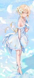 Rule 34 | 1girl, absurdres, ankle bow, ankle ribbon, back bow, between legs, blonde hair, bow, closed mouth, collarbone, dress, flower, full body, genshin impact, gloves, hair between eyes, hair flower, hair ornament, hand between legs, high heels, highres, kaze 22, leg ribbon, looking at viewer, lumine (genshin impact), pumps, ribbon, short hair with long locks, sidelocks, sleeveless, sleeveless dress, smile, solo, standing, white bow, white dress, white flower, white footwear, white gloves, yellow bow, yellow eyes