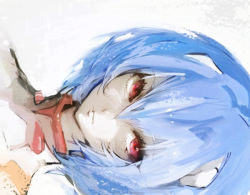 Rule 34 | 1girl, ayanami rei, banpai akira, blue hair, expressionless, hair ornament, interface headset, neon genesis evangelion, parted lips, plugsuit, portrait, red eyes, short hair, sideways, solo, upper body, white background