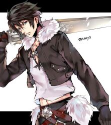 Rule 34 | 1boy, arm up, belt, black gloves, black jacket, black pants, blue eyes, brown hair, chain, chain necklace, commentary, cropped jacket, earrings, final fantasy, final fantasy viii, fur-trimmed jacket, fur-trimmed waist cape, fur trim, gloves, gunblade, holding, holding sword, holding weapon, jacket, jewelry, leather belt, long sleeves, looking to the side, male focus, midriff peek, multiple belts, navel, necklace, open clothes, open jacket, over shoulder, pants, shirt, simple background, solo, squall leonhart, stud earrings, sword, sword over shoulder, tama (tmfy5), twitter username, upper body, v-neck, waist cape, weapon, weapon over shoulder, white background, white fur, white shirt