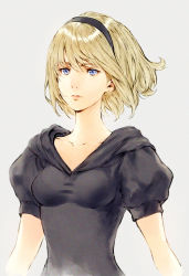 Rule 34 | 1girl, android, black dress, blonde hair, blue eyes, breasts, collarbone, dress, grey background, hairband, highres, impossible clothes, lips, makimura shunsuke, medium breasts, nier:automata, nier (series), no blindfold, puffy sleeves, short hair, simple background, solo, taut clothes, upper body, 2b (nier:automata)
