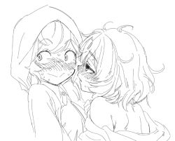 Rule 34 | 2girls, ahoge, blush, bolo tie, closed mouth, collared dress, cross tie, daito academy school uniform, dress, eyes visible through eyewear, female pervert, glasses, greyscale, half-closed eyes, hand on own chest, hood, hood up, hoodie, kazari jun, looking at another, looking away, looking to the side, magia record: mahou shoujo madoka magica gaiden, mahou shoujo madoka magica, messy hair, miwa mitsune, monochrome, multiple girls, nape, nervous smile, parted lips, partially undressed, pervert, raised eyebrows, school uniform, short hair, sidelocks, simple background, sketch, smile, split mouth, sweat, swept bangs, white background, wide-eyed, you2