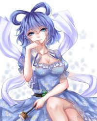 Rule 34 | 1girl, absurdres, bad id, bad pixiv id, belt, blue dress, blue eyes, blue hair, breasts, cleavage, collarbone, dress, floral print, hagoromo, hair ornament, hair stick, hand to own mouth, head tilt, highres, kaku seiga, legs, crossed legs, looking at viewer, matching hair/eyes, neck, open clothes, open vest, shawl, sheya, short dress, short hair, short sleeves, simple background, smile, solo, touhou, vest, white background