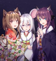 Rule 34 | 3girls, ahoge, animal ears, aqua eyes, blush, brown hair, cow ears, cowboy shot, earrings, eyes visible through hair, fang, floral print, hair between eyes, hair over shoulder, hatsumoude, horns, japanese clothes, jewelry, kimono, long hair, looking at viewer, mouse ears, multiple girls, new year, night, open mouth, original, outdoors, own hands together, purple eyes, purple hair, red eyes, skin fang, sky, star (sky), starry sky, thick eyebrows, tiger ears, white hair, yuki kawachi