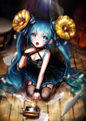 Rule 34 | 1girl, bad id, bad pixiv id, blue eyes, blue hair, breasts, cleavage, dress, earrings, garter straps, hatsune miku, honnou (kjs9504), jewelry, lace, lace legwear, long hair, looking at viewer, matching hair/eyes, open mouth, seiza, sheet music, sitting, solo, tears, thighhighs, twintails, very long hair, vocaloid, wooden floor