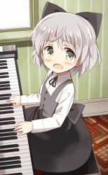 Rule 34 | 1girl, blush, child, dress, glastonbury1966, green eyes, hair ribbon, instrument, looking at viewer, piano, ribbon, sanya v. litvyak, short hair, silver hair, sitting, smile, solo, strike witches, world witches series, aged down
