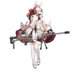 Rule 34 | 1girl, animal earmuffs, anti-materiel rifle, black shirt, black shorts, blush, bow, brown hair, closed mouth, coat, colored shoe soles, footwear bow, full body, fur-trimmed coat, fur-trimmed shorts, fur trim, girls&#039; frontline, gun, hair bow, holding, holding gun, holding weapon, hood, hooded coat, long sleeves, looking at viewer, m99 (cyclamen) (girls&#039; frontline), m99 (girls&#039; frontline), official alternate costume, official art, own hands together, purple eyes, red bow, ribbed thighhighs, rifle, saru, scope, shirt, short hair, shorts, simple background, sniper rifle, solo, standing, stuffed animal, stuffed rabbit, stuffed toy, tareme, thighhighs, transparent background, weapon, white footwear, white sleeves, zijiang m99