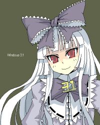 Rule 34 | 1girl, 3.1-tan, bow, bowtie, collar, dress, green background, hair bow, ikura hato, long sleeves, lowres, microsoft windows, os-tan, purple bow, purple dress, red eyes, ribbon-trimmed collar, ribbon trim, silver hair, simple background, smile, solo, upper body