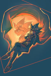 Rule 34 | 1boy, atem, bracelet, bright pupils, cape, closed mouth, commentary request, floating cape, full body, fushitasu, glowing, hand up, invisible chair, jewelry, crossed legs, male focus, millennium puzzle, multiple views, orange eyes, shoes, sitting, spiked hair, yu-gi-oh!, yu-gi-oh! duel monsters