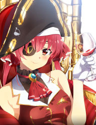 Rule 34 | 1girl, armpit crease, ascot, blush, breasts, choker, cleavage, commentary request, cup, drinking glass, eyepatch, frilled choker, frills, gloves, gold trim, hair ribbon, hand up, hat, hazuki yuzuru, highres, holding, hololive, houshou marine, leotard, leotard under clothes, looking at viewer, medium breasts, pirate hat, red ascot, red eyes, red hair, red ribbon, ribbon, see-through, see-through cleavage, sitting, sleeveless, sleeveless jacket, smile, solo, throne, twintails, upper body, virtual youtuber, white gloves, wine glass