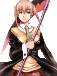 Rule 34 | 00s, 1girl, blonde hair, breasts, fumio (rsqkr), green eyes, large breasts, maka albarn, necktie, aged up, scythe, sketch, skirt, solo, soul eater, twintails