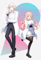 Rule 34 | 1boy, 1girl, :d, black footwear, black pants, black shirt, black thighhighs, blue eyes, blush, brown eyes, brown hair, closed mouth, collared shirt, commentary request, copyright request, dress shirt, hand up, highres, lab coat, long hair, momoshiki tsubaki, official art, open clothes, open mouth, pants, pleated skirt, shirt, shoes, skirt, sleeves past fingers, sleeves past wrists, smile, standing, standing on one leg, thighhighs, turing love, very long hair, virtual youtuber, white hair, white shirt, white skirt