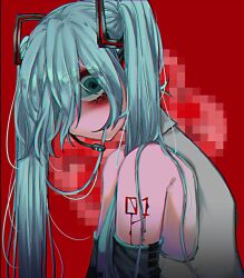 Rule 34 | 1girl, arm tattoo, black sleeves, blood, blood drip, blue eyes, blue hair, blue necktie, censored, commentary, detached sleeves, grey shirt, hair between eyes, hair ornament, hair over one eye, hatsune miku, headset, highres, long bangs, long hair, looking at viewer, mosaic censoring, necktie, no mouth, number tattoo, red background, s2 (stwo), shirt, sleeveless, sleeveless shirt, solo, tattoo, twintails, upper body, vocaloid