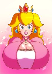Rule 34 | 1girl, artist name, blonde hair, blue eyes, breasts, bubble, bubble background, cleavage, closed mouth, cropped torso, crown, earrings, eyelashes, gradient background, highres, huge breasts, jewelry, lace, lace-trimmed shirt, lace trim, lips, long hair, looking at viewer, mario (series), nintendo, pink background, pink lips, pink shirt, princess, princess peach, puffy sleeves, shirt, signature, solo, super mario bros. 1, teer, thick lips, upper body, white background