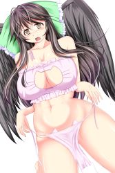 Rule 34 | 1girl, belly, bird wings, blush, bow, breasts, brown eyes, brown hair, cat ear panties, cat lingerie, cleavage cutout, clothing cutout, d:, fang, hair bow, highres, hiro (amoto), huge breasts, large bow, long hair, meme attire, navel, open mouth, panties, plump, reiuji utsuho, shy, side-tie panties, solo, thighs, touhou, underwear, undressing, untying, wings