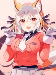 Rule 34 | animal ears, blazer, gloves, hat, highres, island fox (kemono friends), jacket, kemono friends, kemono friends v project, long hair, looking at viewer, necktie, negishio mgr, open mouth, school uniform, shirt, shoes, silver hair, simple background, skirt, smile, solo, tail, twintails, virtual youtuber