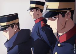 Rule 34 | 3boys, black eyes, black hair, black headwear, blue coat, blue jacket, buttons, closed mouth, coat, collared jacket, commentary request, facial hair, facial scar, from side, golden kamuy, grey background, hair strand, hat, hood, hood down, hooded coat, imperial japanese army, jacket, kepi, light, long sleeves, looking at viewer, looking away, male focus, military, military hat, military uniform, mole, multiple boys, ogata hyakunosuke, scar, scar on cheek, scar on face, shadow, short hair, simple background, standing, star (symbol), stubble, tr (lauralauraluara), tsukishima hajime, two-tone headwear, uniform, upper body, usami tokishige, yellow headwear