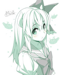 Rule 34 | 1girl, :3, aged down, blush, bow, dated, dress, ex-keine, green hair, highres, horn bow, horn ornament, horns, kamishirasawa keine, kokka han, long hair, looking at viewer, monochrome, signature, simple background, solo, sukusuku hakutaku, touhou, upper body, white background